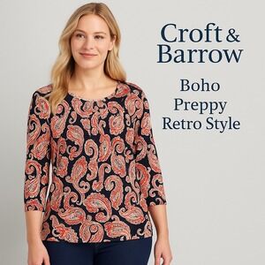 Croft & Barrow Women's Sz 2XL Paisley Top Boho Preppy Navy Coral Pink 3/4 Sleeve